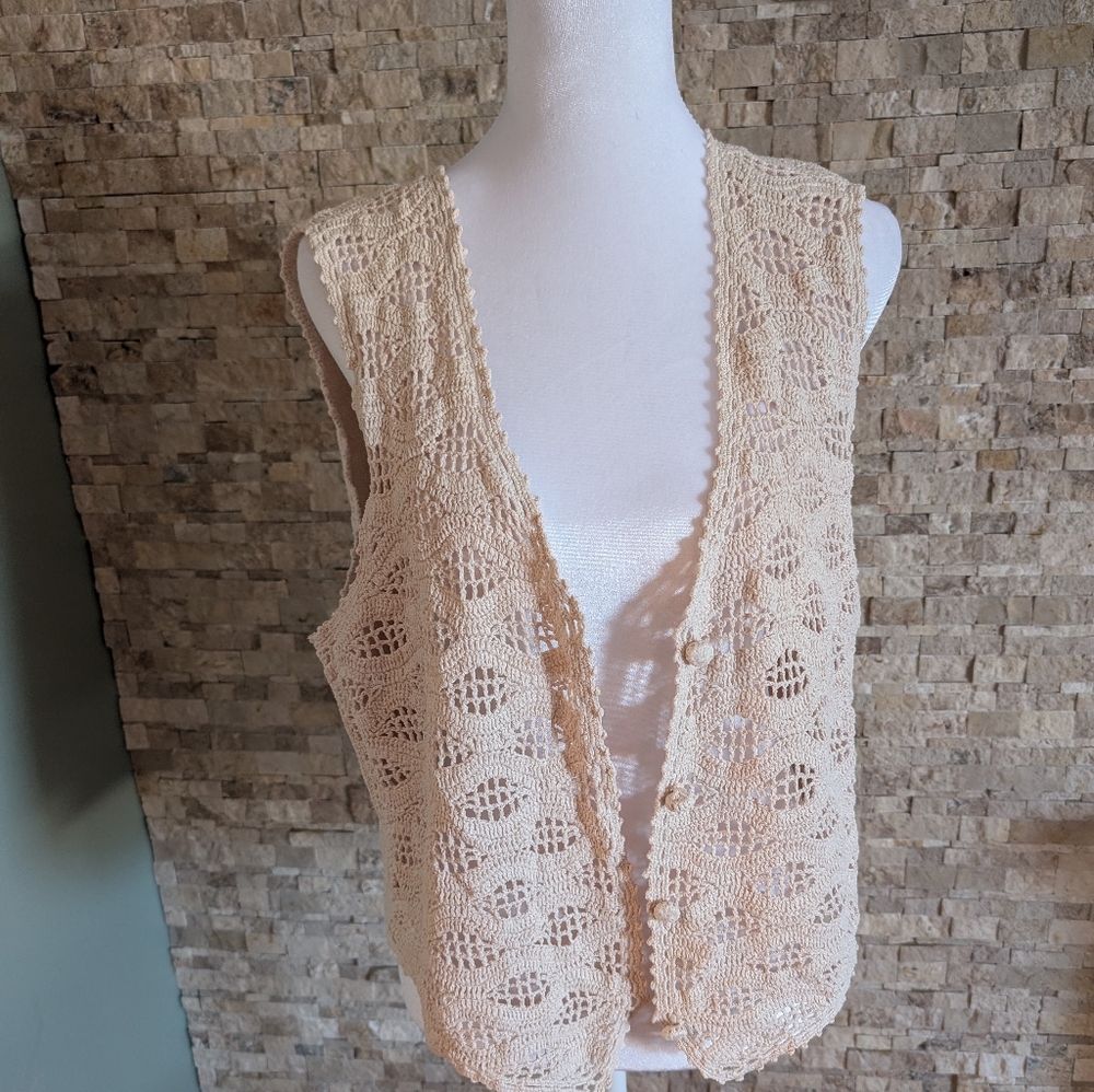 Vintage Crochet Sleeveless Vest Cream Fairy Coastal Cowgirl Festival Boho Sz L image 9